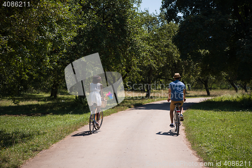 Image of Young multiethnic couple having a bike ride in nature