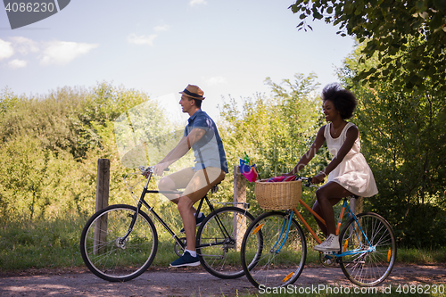 Image of Young multiethnic couple having a bike ride in nature
