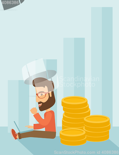 Image of Businessman is sitting with pile of gold coins on his back.