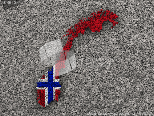 Image of Map and flag of Norway on poppy seeds