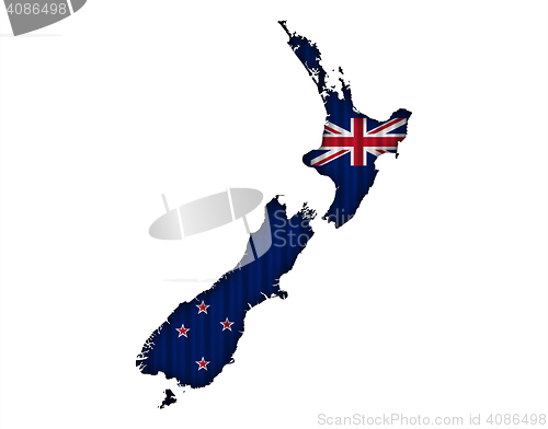 Image of Map and flag of New Zealand on corrugated iron,
