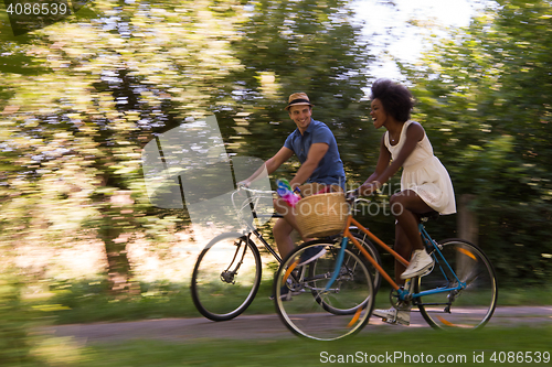 Image of Young multiethnic couple having a bike ride in nature