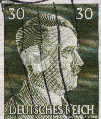 Image of GERMANY - CIRCA 1942: A stamp printed in Germany shows portrait of Adolf Hitler, circa 1942.