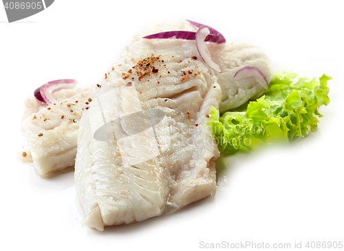 Image of roasted perch fish fillets on white background