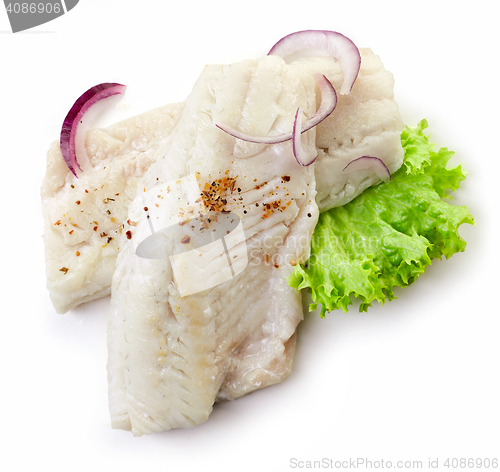 Image of roasted perch fish fillets on white background