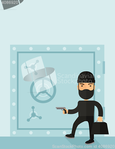 Image of Man in black hacking bank safe.