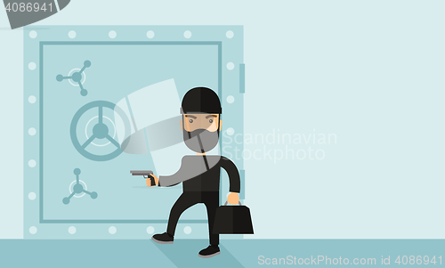 Image of Man in black hacking bank safe.