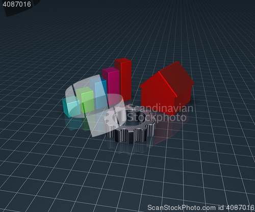 Image of house model, business graph and gear wheel - 3d rendering