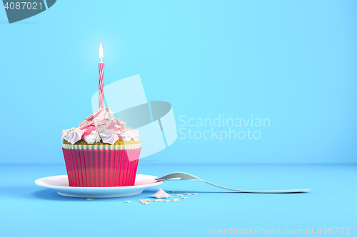 Image of delicious cupcake with a burning candle