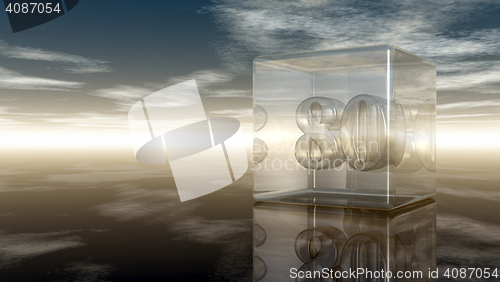 Image of number eighty in glass cube under cloudy sky - 3d rendering