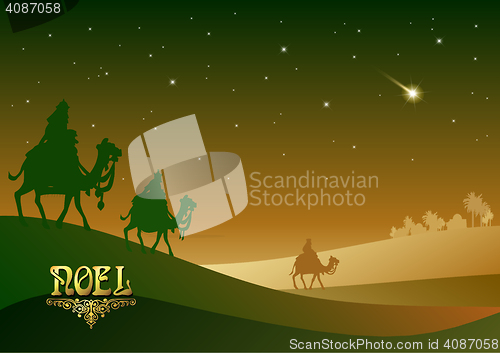 Image of Biblical Christmas illustration: three Wise Men are visiting the new King of Jerusalem