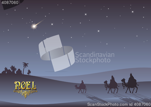 Image of Biblical Christmas illustration: three Wise Men are visiting the new King of Jerusalem