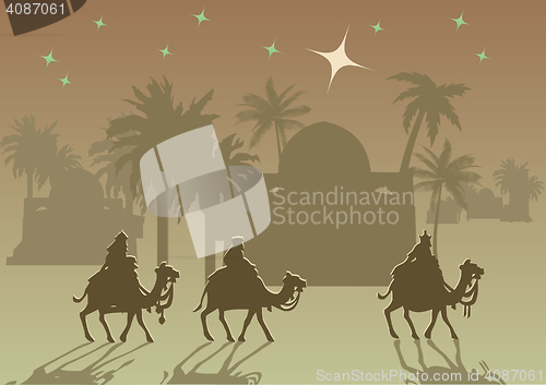 Image of Biblical Christmas illustration: three Wise Men are visiting the new King of Jerusalem