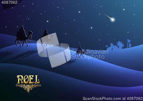 Image of Biblical Christmas illustration: three Wise Men are visiting the new King of Jerusalem