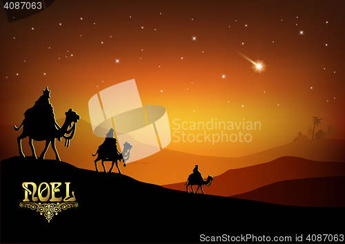 Image of Biblical Christmas illustration: three Wise Men are visiting the new King of Jerusalem