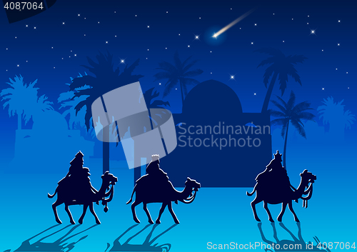 Image of Biblical Christmas illustration: three Wise Men are visiting the new King of Jerusalem