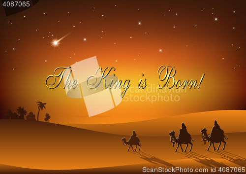 Image of Biblical Christmas illustration: three Wise Men are visiting the new King of Jerusalem