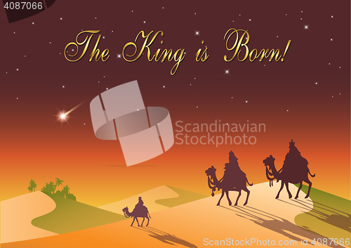 Image of Biblical Christmas illustration: three Wise Men are visiting the new King of Jerusalem