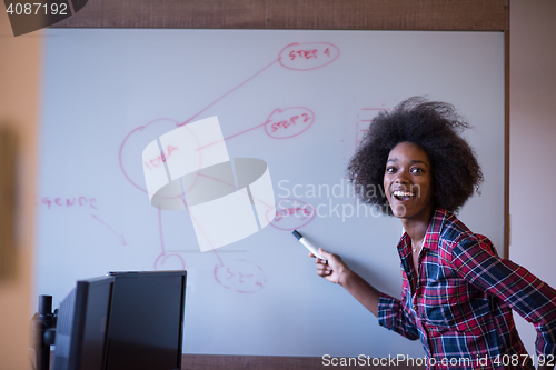 Image of African American woman writing on a chalkboard in a modern offic