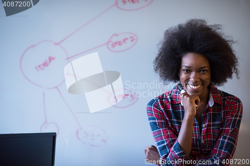 Image of African American woman writing on a chalkboard in a modern offic