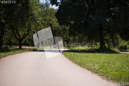 Image of Young multiethnic couple having a bike ride in nature