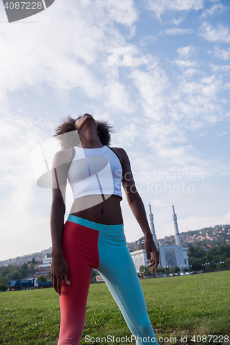 Image of Portrait of sporty young african american woman running outdoors