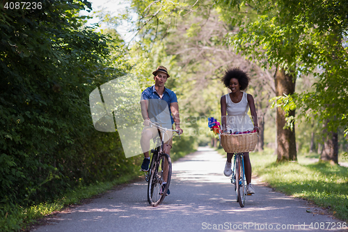 Image of Young multiethnic couple having a bike ride in nature