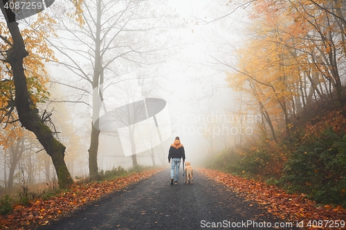 Image of Man with dog in autumn nature