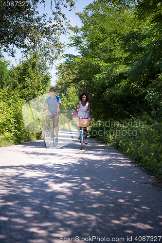 Image of Young multiethnic couple having a bike ride in nature