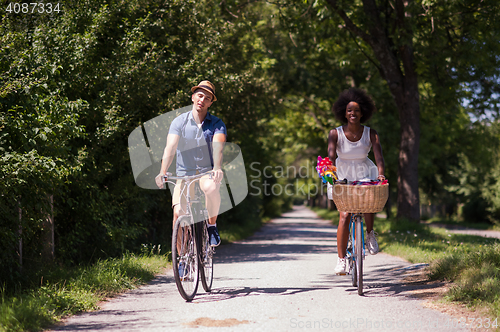Image of Young multiethnic couple having a bike ride in nature