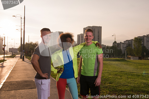 Image of portrait multiethnic group of people on the jogging