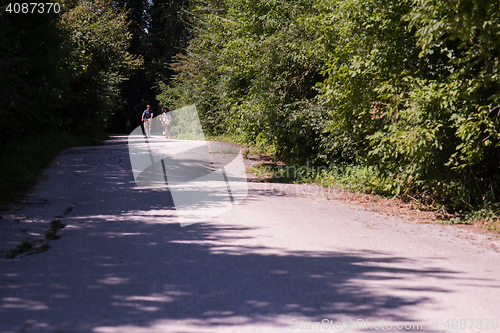 Image of Young multiethnic couple having a bike ride in nature