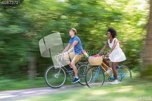 Image of Young multiethnic couple having a bike ride in nature