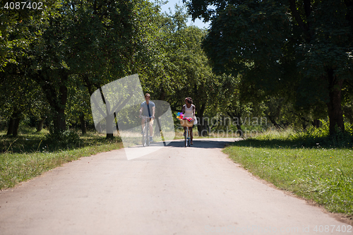 Image of Young multiethnic couple having a bike ride in nature