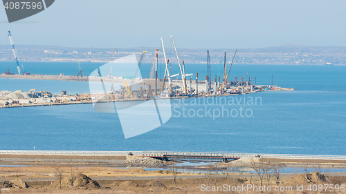 Image of Taman, Russia - November 5, 2016: Construction of a bridge across the Kerch Strait, the views of the Tuzla Spit from the Taman Peninsula, as of November 2016