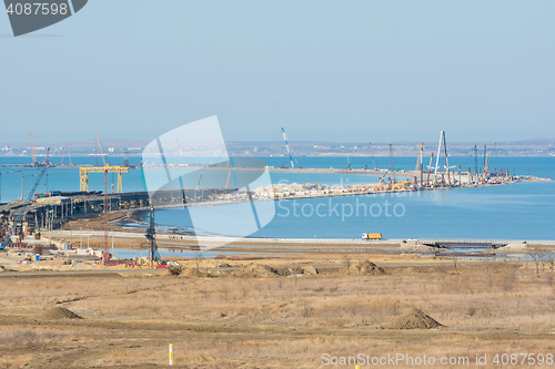 Image of Taman, Russia - November 5, 2016: Construction of a bridge across the Kerch Strait, view the construction of the part of the Taman peninsula, as of November 2016