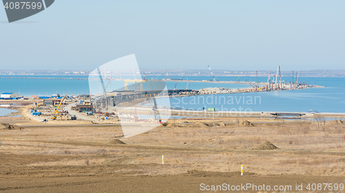 Image of Taman, Russia - November 5, 2016: Construction of a bridge across the Kerch Strait, the overall building plan from the Taman Peninsula, as of November 2016