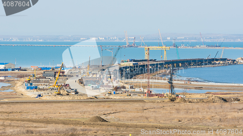 Image of Taman, Russia - November 5, 2016: Construction of a bridge across the Kerch Strait, the views of the coastline from the Taman Peninsula, as of November 2016