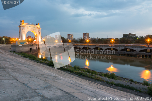 Image of Volgograd, Russia - August 1, 2016: The first gateway Volgodonsk navigable channel, concrete fortifications shore, Volgograd