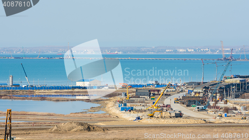 Image of Taman, Russia - November 5, 2016: Construction of a bridge across the Kerch Strait, in view of the construction of the coastline from the Taman Peninsula, as of November 2016