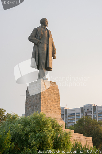 Image of Volgograd, Russia - August 1, 2016: View of the sunset on the statue of Lenin on the waterfront in the Krasnoarmeysk district of Volgograd