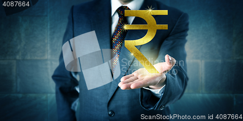 Image of Businessman Offering A Golden Indian Rupee Symbol