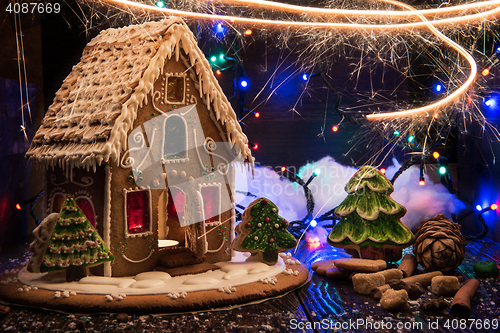 Image of Gingerbread house with lights