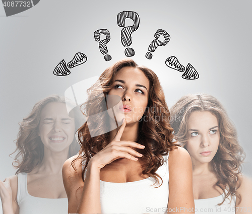 Image of thinking women with question mark on white background