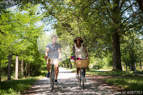 Image of Young multiethnic couple having a bike ride in nature