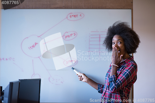 Image of African American woman writing on a chalkboard in a modern offic