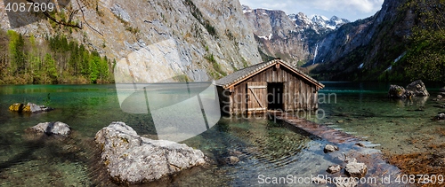 Image of Panorama of Obersee mountain lake in Alps