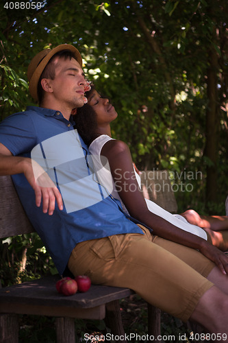 Image of Young multiethnic couple having a bike ride in nature