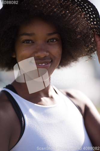 Image of Close up portrait of a beautiful young african american woman sm