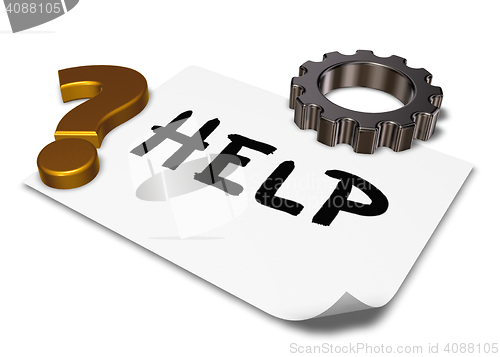 Image of the word help on paper sheet, gear wheel and question mark - 3d rendering